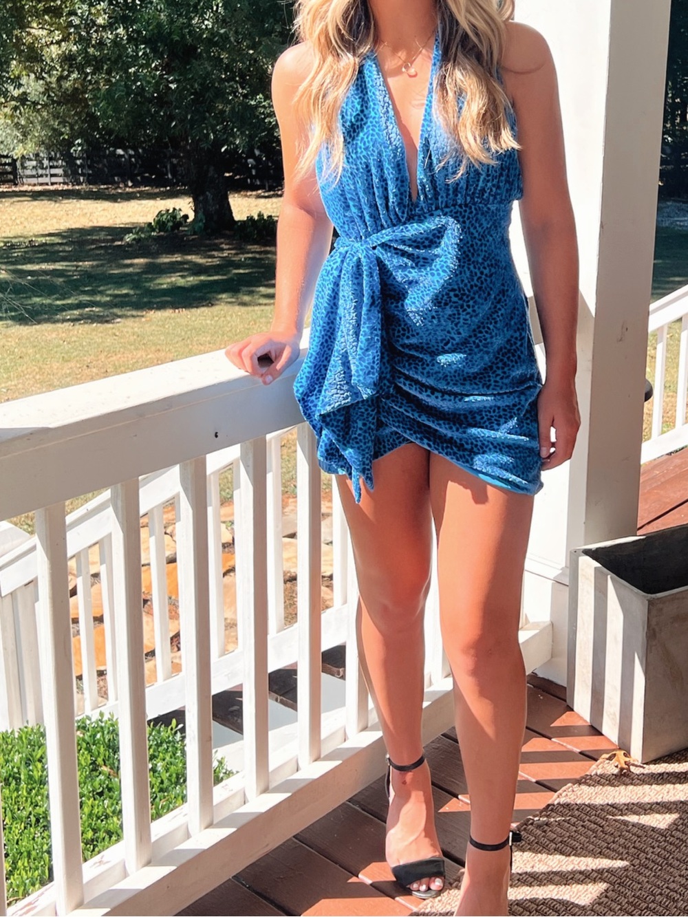 NBD Blue Leopard-Print Halter Dress